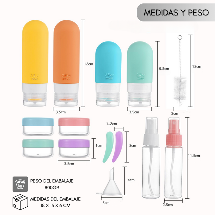 Set Botella De Viaje Dispensadora 10 Contenedores Accesorios