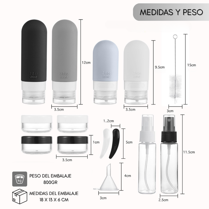 Set Botella De Viaje Dispensadora 10 Contenedores Accesorios