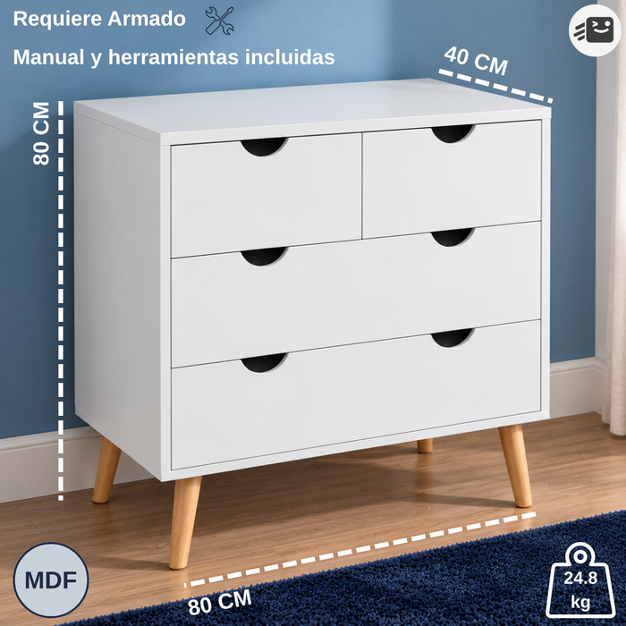 Cómoda Cajonera 4 Cajones 80x80 Cm Estilo Nórdico Blanca
