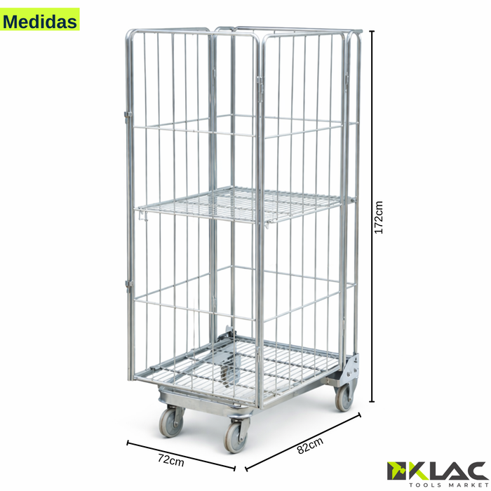 Carro Picking Metálico Jaula Plegable Con Ruedas Para Bodega Cromado