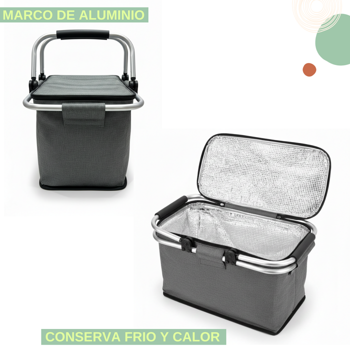 Canasto Picnic Cooler Bolso Térmico Plegable Portátil Gris