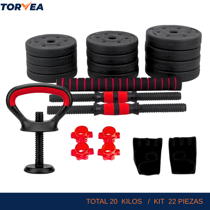 Set Mancuernas Y Barra Ajustable 20kg Pesas Para Ejercicio Rojo