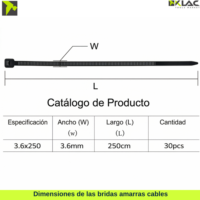 30 Bridas Amarras Cables Cremallera Resistentes 3.6 mm x 250 mm