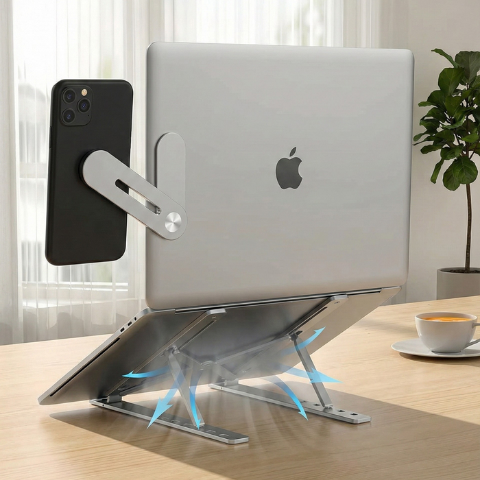 Pack Soporte Notebook Y Celular Imán Ajustable Aluminio Plateado