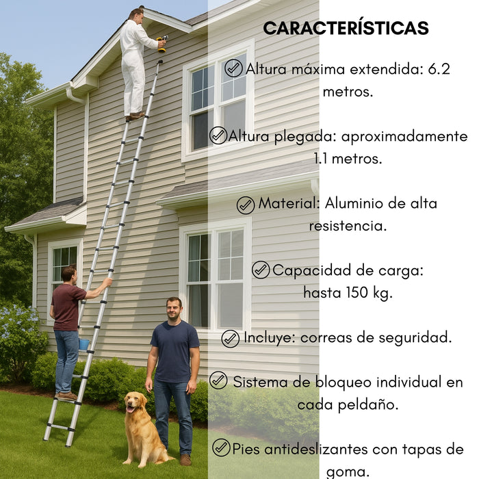 Escalera Telescopica Aluminio Retráctil 6,2 Mts Soporta 150k