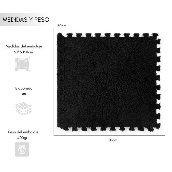 Set 10 Alfombras Goma Eva Peluda Niños Piso Felpa 30x30cm Negra