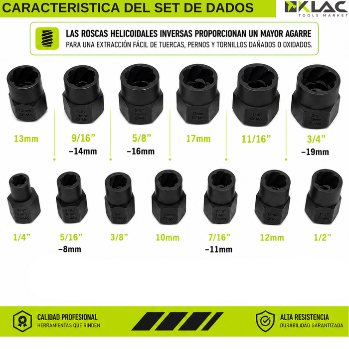 Set Dados Extractores Pernos Y Tornillos 13 Tuercas Rodadas