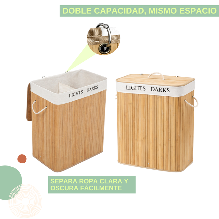 Canasto Organizador Cesto De Ropa Sucia Bambú Doble Con Tapa Bambú