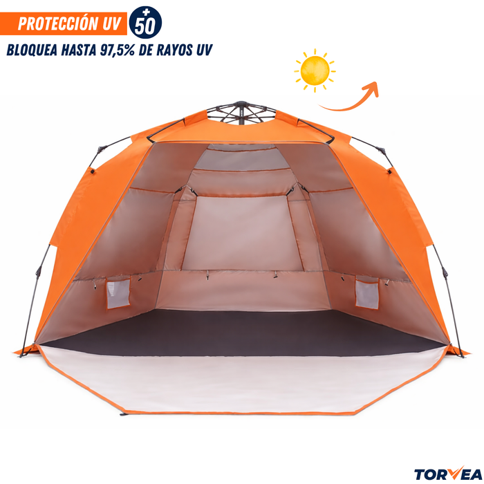 Carpa De Playa Automática Corta Viento Filtro Uv 50+ Camping Naranja