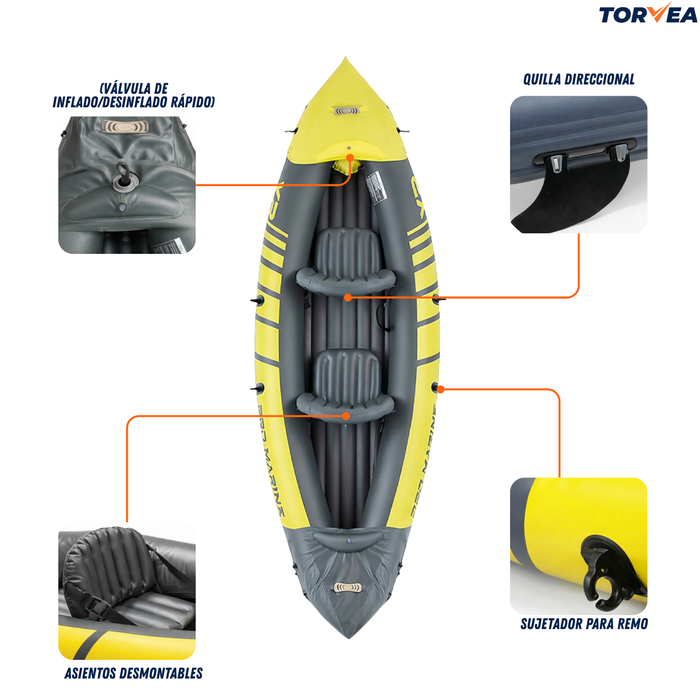 Kayak Inflable 2 Personas 180kg Remos Inflador Accesorios Amarillo