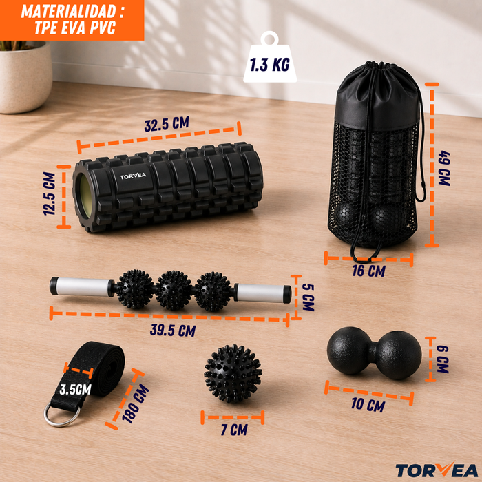 Kit 6 En 1 Rodillo Masajeador Elogación Roller Foam Yoga