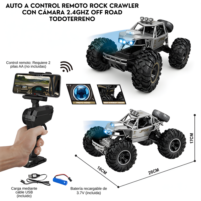 Auto Control Remoto 4x4 Rock Crawler Con Cámara Y Luces Led