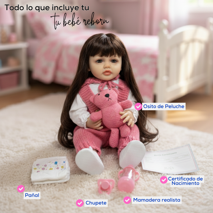 Muñeca Realista Bebé Reborn Con Accesorios Cabello Largo