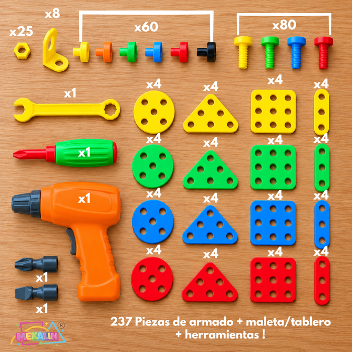 Maleta de Herramientas Juguete Interactivo 237 Pcs Infantil Con Taladro Juego Didáctico De Construcción Para Armar 43 Diseños Para Niños