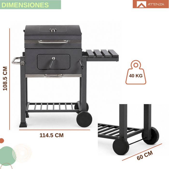 Parrilla A Carbón Móvil Tapa Acero Inoxidable Ruedas Mesa