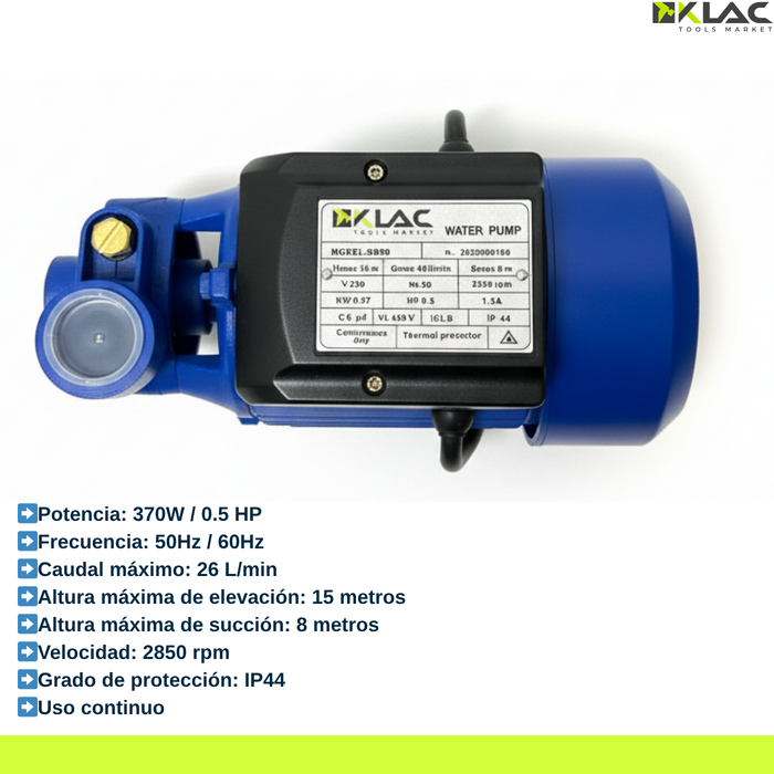 Bomba De Agua Centrifuga 0.5 Hp Marca Klac 1/2 Caballo