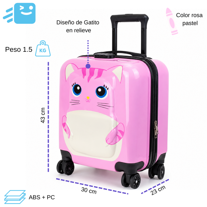 Maleta Ruedas Niños Carry On Infantil Rígida Diseño Gatito