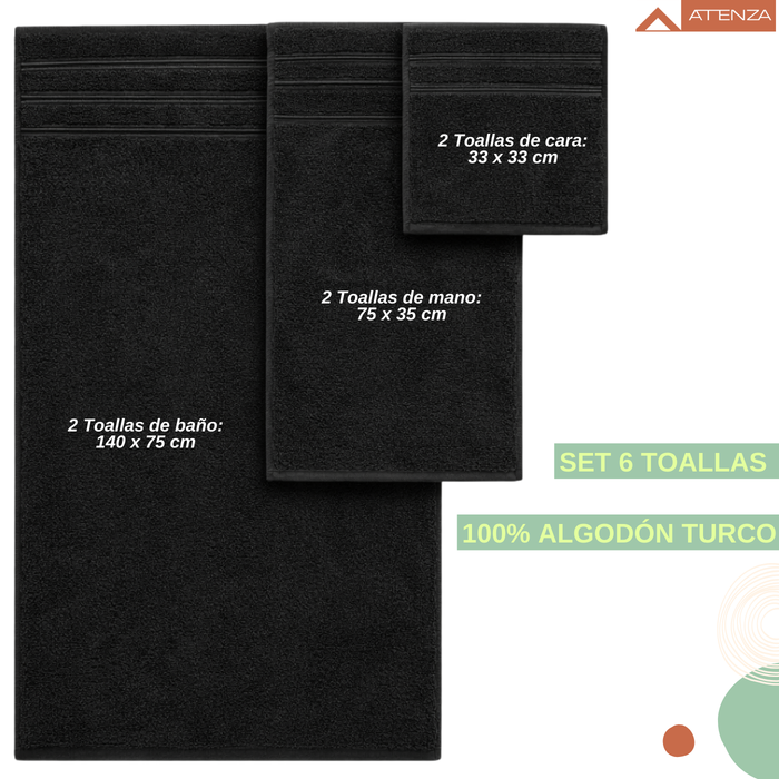 Pack 6 Toallas 100% Algodón Turco Premium Cara Mano Cuerpo Negro Lisa