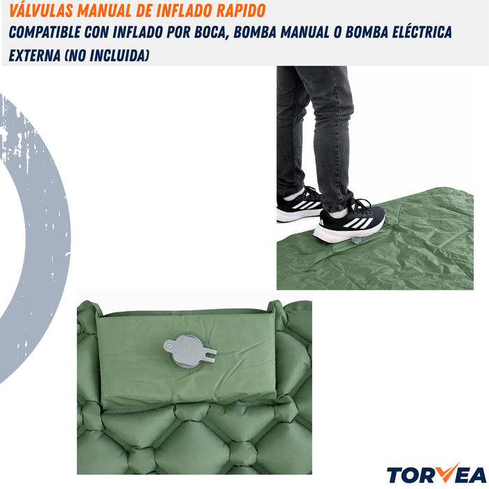 Colchoneta Inflable Doble Camping Plegable Con Almohada Verde