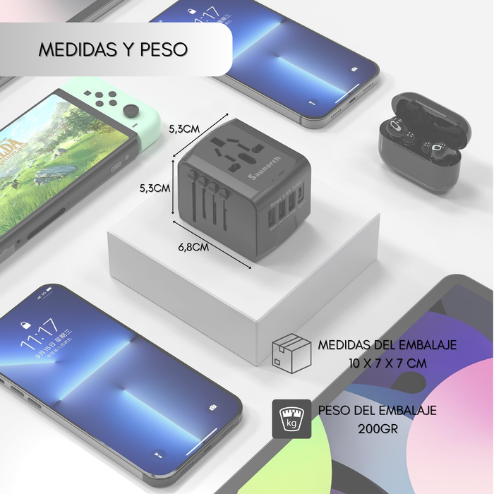 Enchufe Adaptador De Viaje Universal Todo En Uno 3usb+type C