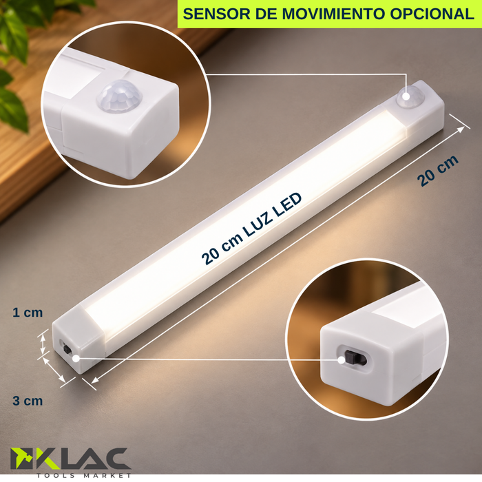 Luz Led Barra Magnética Sensor Movimiento Recargable 20 Cm