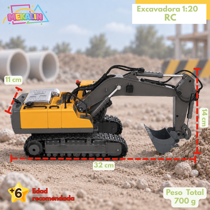 Excavadora A Control Remoto RC 11 Canales 2.4GHz Con Luz Sonido Giro 680° Y Función De Excavación Juguete Para Niños 6+