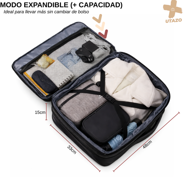 Mochila De Viaje Avión Expandible 40l Impermeable Antirrobo Negro
