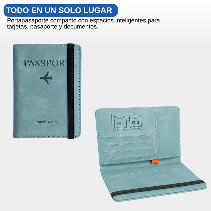 Funda Porta Pasaporte Con Tarjetero Y Sim Organizador Viaje Verde Aguamarina Liso
