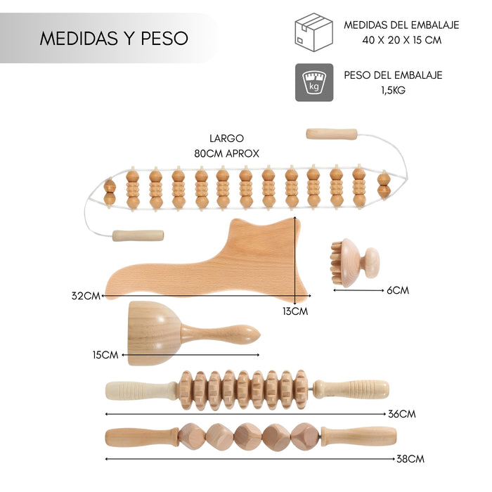 Set Maderoterapia 6 Piezas Rodillo Para Masaje Gua Sha