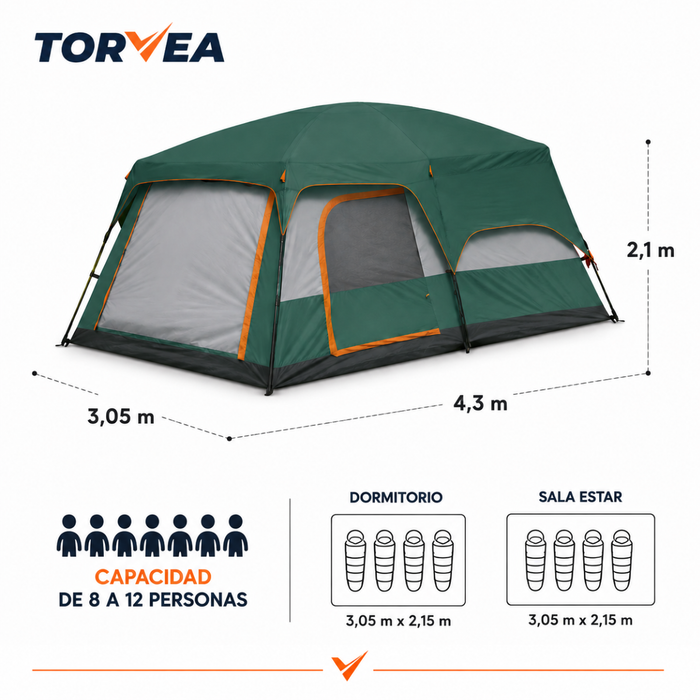 Carpa Camping Tienda Familiar 8 A 12 Personas Impermeable Verde