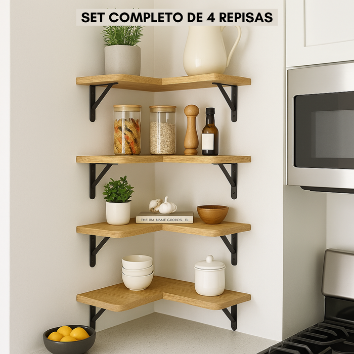 Repisas Esquineras Flotantes Madera Clara Set de 4 con Soportes Metálicos
