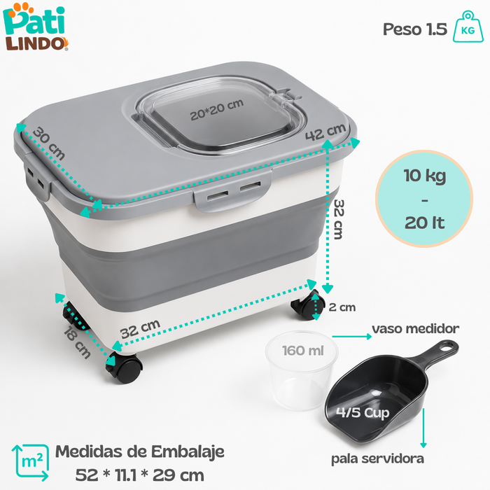 Contenedor Comida Mascotas Hermético Con Ruedas 20 L Pala y Vaso Medidor Para Alimento