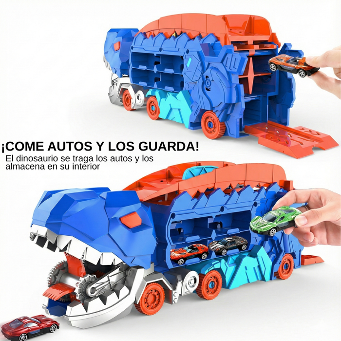 Camión Dinosaurio T Rex Con Pista Deslizante Y Autos T Rex Con Pista Deslizante Y Autos Tiranosaurio Rex Azul