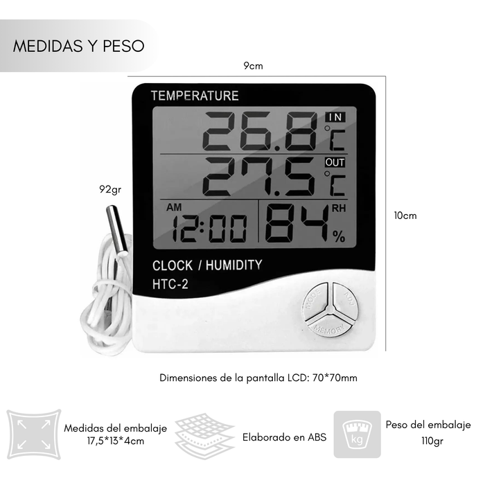 Termómetro Higrómetro Digital Htc-2 Sonda. Reloj+alarma