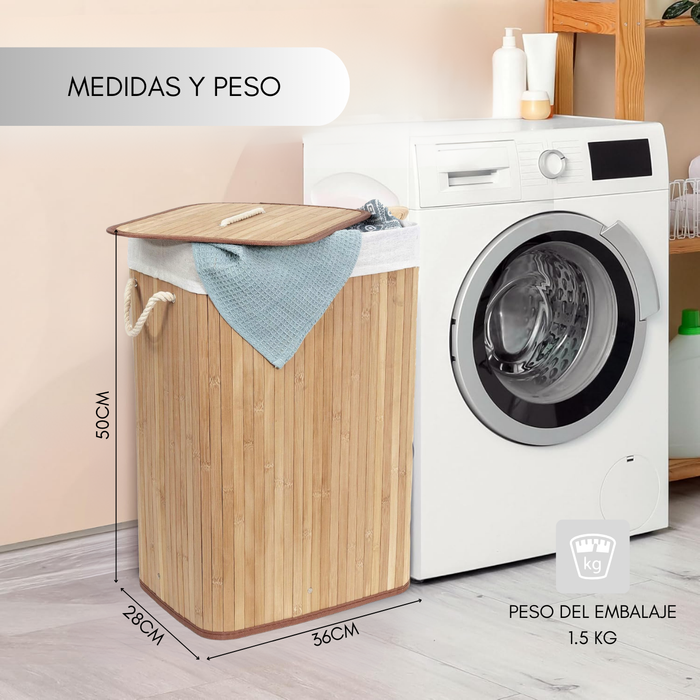 Canasto Cesta Ropa Sucia Rectangular Bambu Plegable Con Tapa