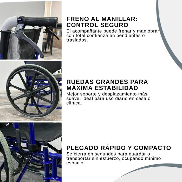 Silla De Ruedas Geriátrica Plegable Doble Freno Y Posapiés Azul Agregar a favoritos
