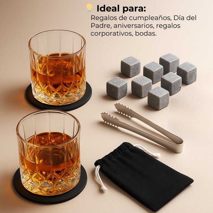 Set De Vasos Shot Whisky Tequileros Con Hielos Reutilizables Set Granito Chill Vasos Caja Madera 7pcs Telotenemos