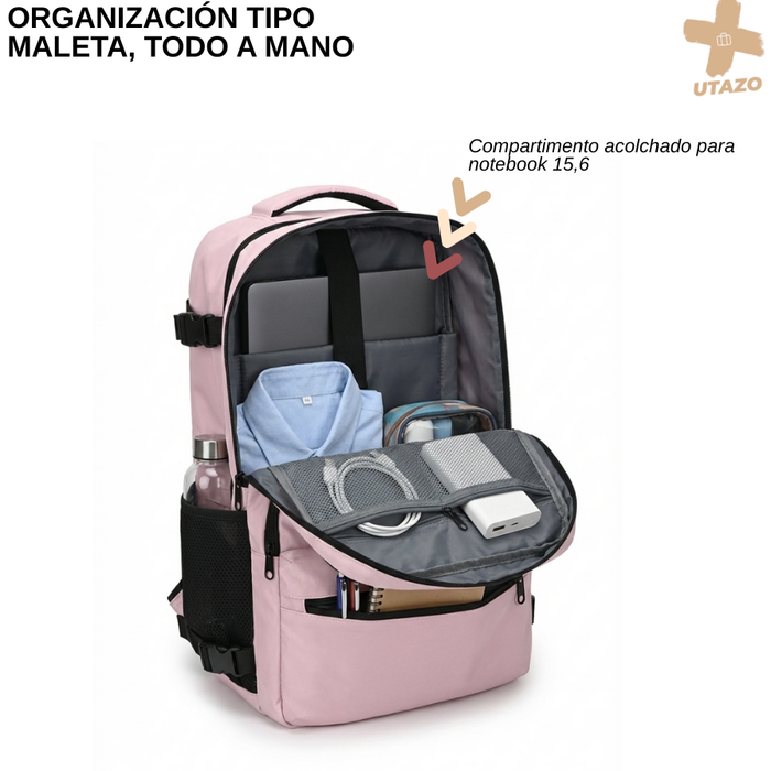 Mochila De Viaje Avión Con Usb Impermeable Laptop 15,6 35l Rosa Liso