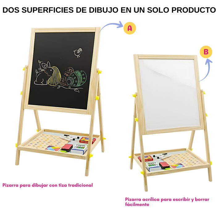 Pizarra Doble Uso Infantil Atril Madera Acrílica Y Tiza Beige