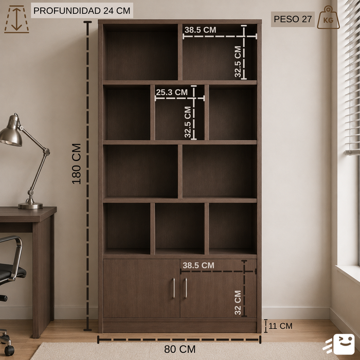 Librero Estante Organizador Repisas 2 Puertas Biblioteca 180x23x80cm