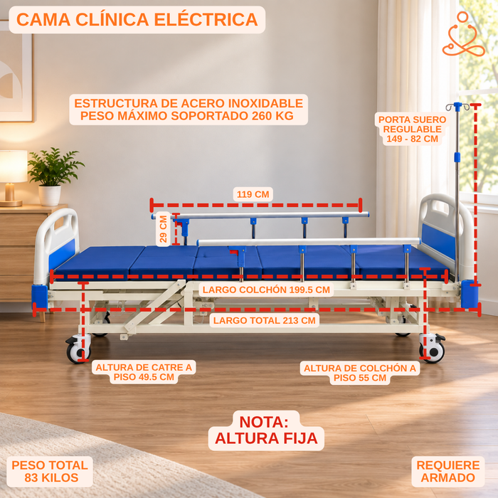 Cama Clínica Catre Eléctrico 260kg Colchón Bandeja Y Control Remoto