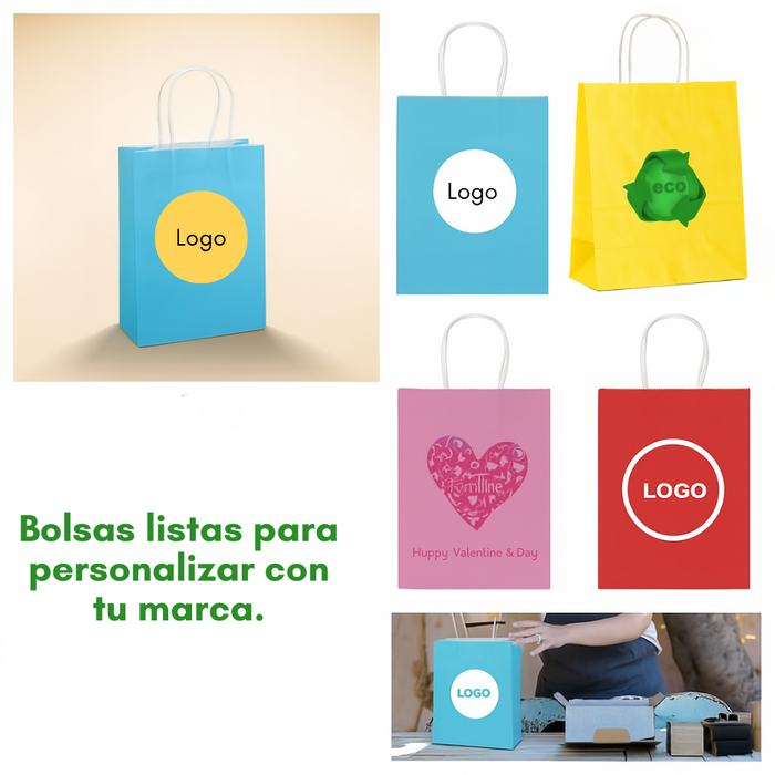 12 Bolsas De Papel Kraft Con Asa 15x21x16cm Colores Liso