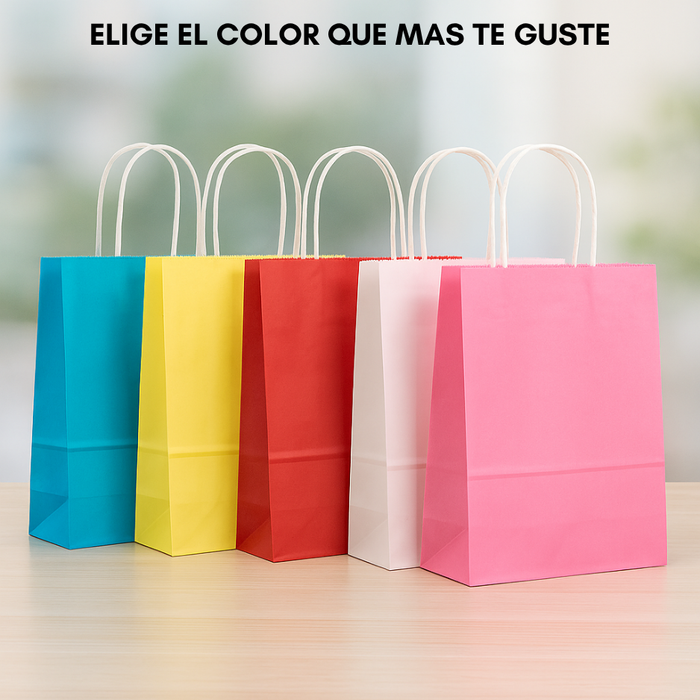 12 Bolsas De Papel Kraft Con Asa 15x21x16cm Colores Liso
