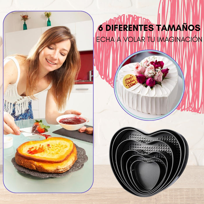 6 Moldes Corazón Queques Bizcochos Tortas Antiadherente Desmontable