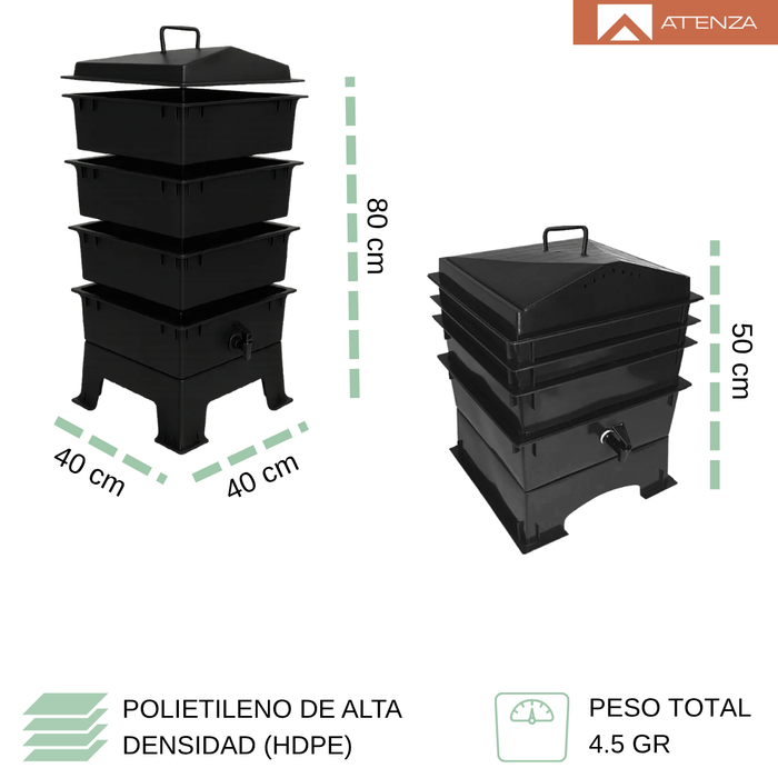 Vermicompostera 4 Bandejas Compostera Lombrices 60l Orgánico