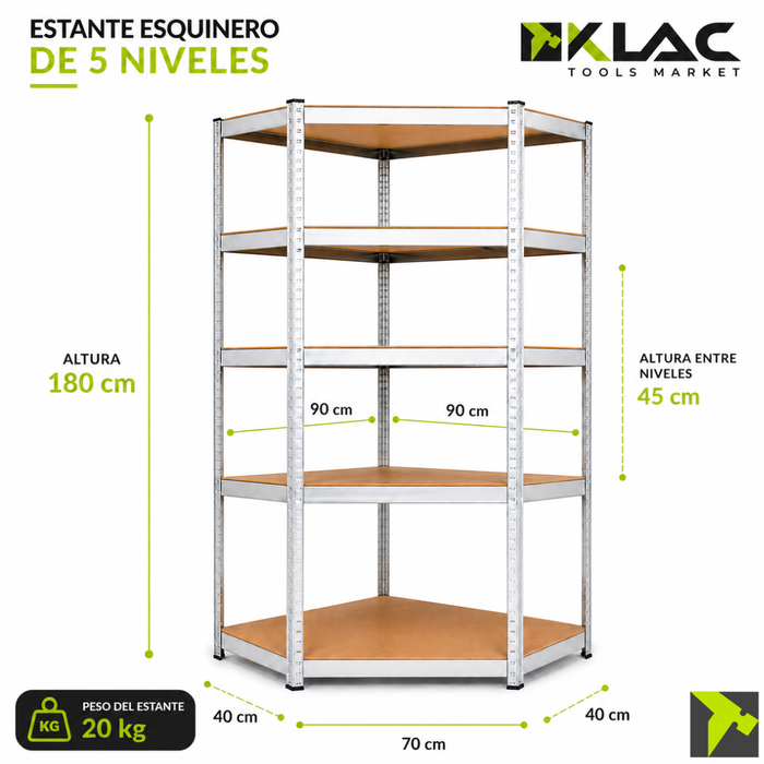 Estantería Rack Metálica Esquinero 180x90x90cm 5 Repisas