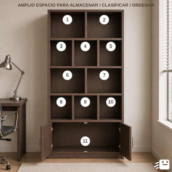 Librero Estante Organizador Repisas 2 Puertas Biblioteca 180x23x80cm