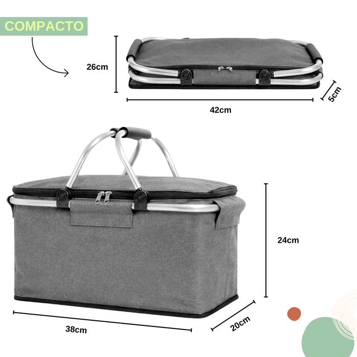 Canasto Picnic Cooler Bolso Térmico Plegable Portátil Gris