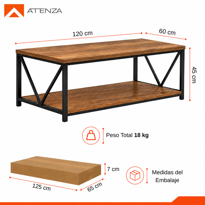 Mesa De Centro Minimalista Industrial 120x60cm Con Repisa
