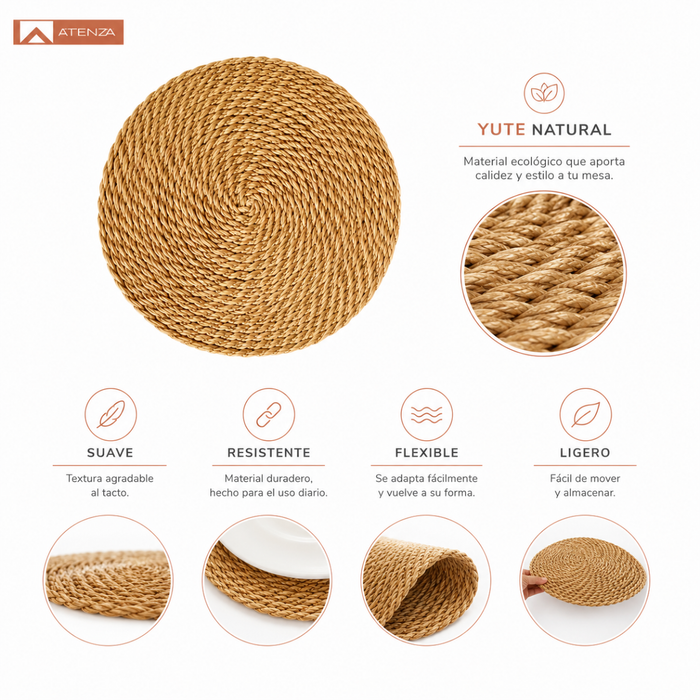 Set 6 Manteles Individuales Yute Redondos Fibra Natural 35cm
